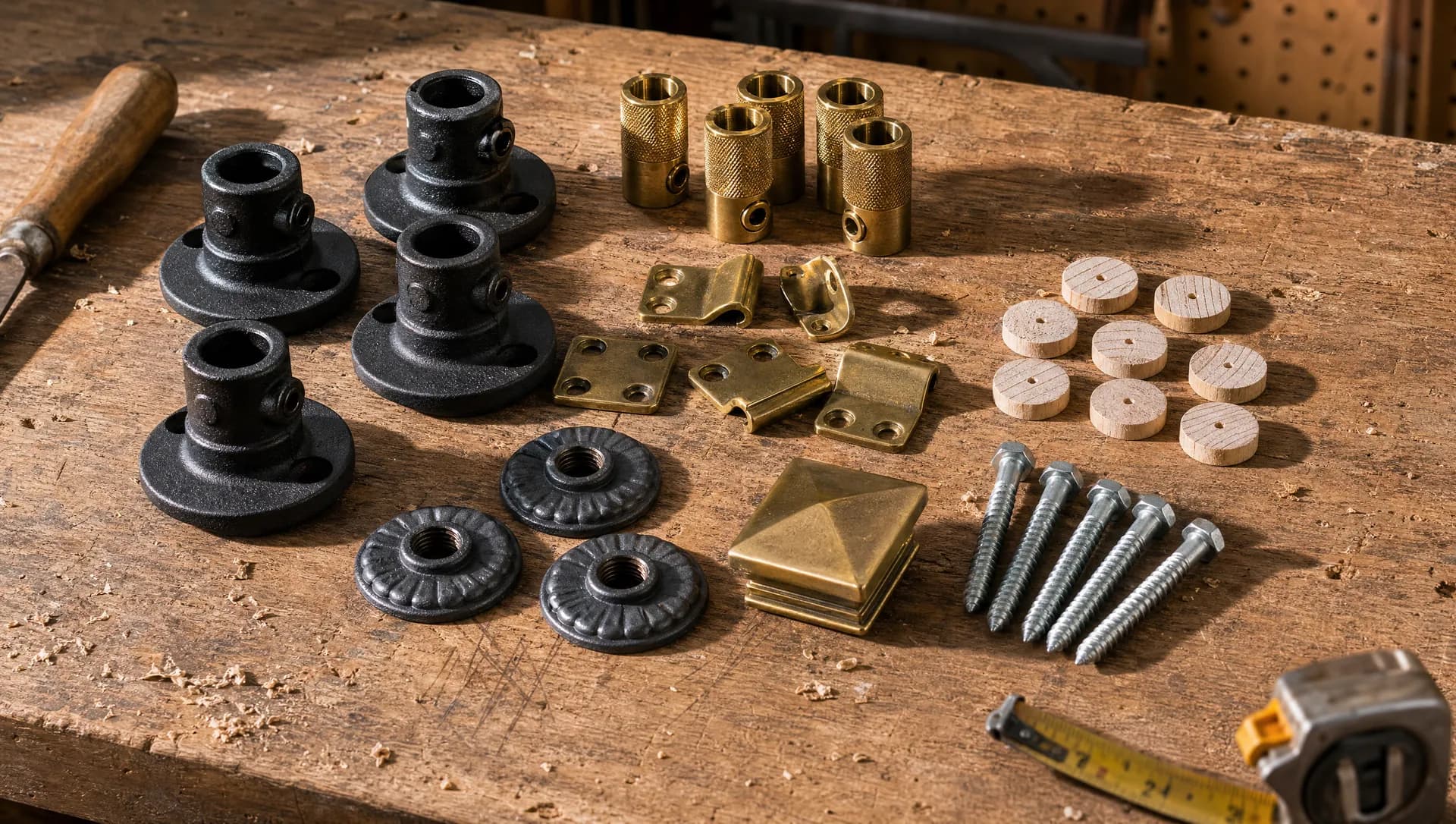Iron baluster shoes, brass post caps, baluster collars and screws laid out on the Snyder Stairs workbench in Whitehall, PA
